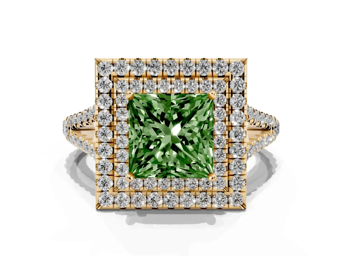 Fancy Green Princess Cut Diamond Double Halo Ring with Pavé Band and Prong Setting Yellow gold