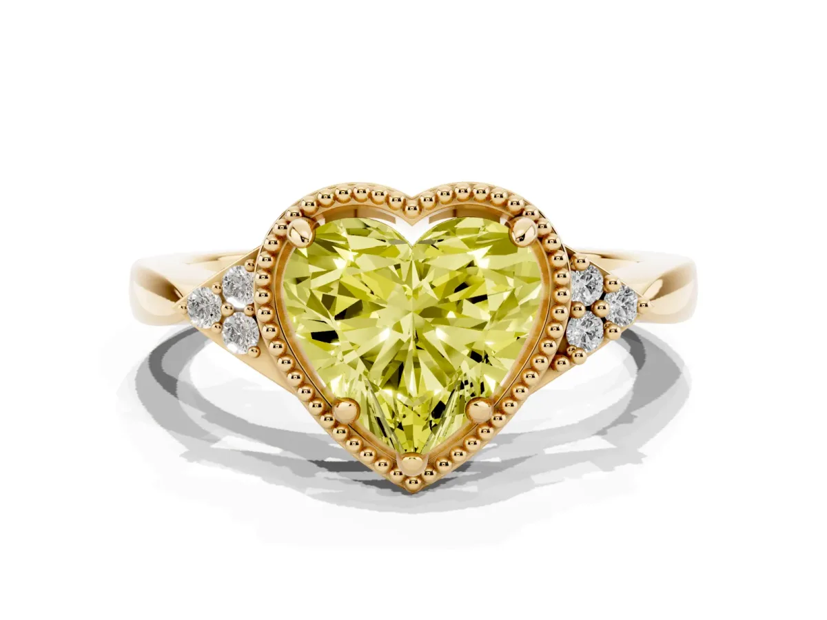 Fancy Yellow Hexagonal Halo Heart Cut Diamond Solitaire with Pavé Band and Four-Prong Setting Yellow gold