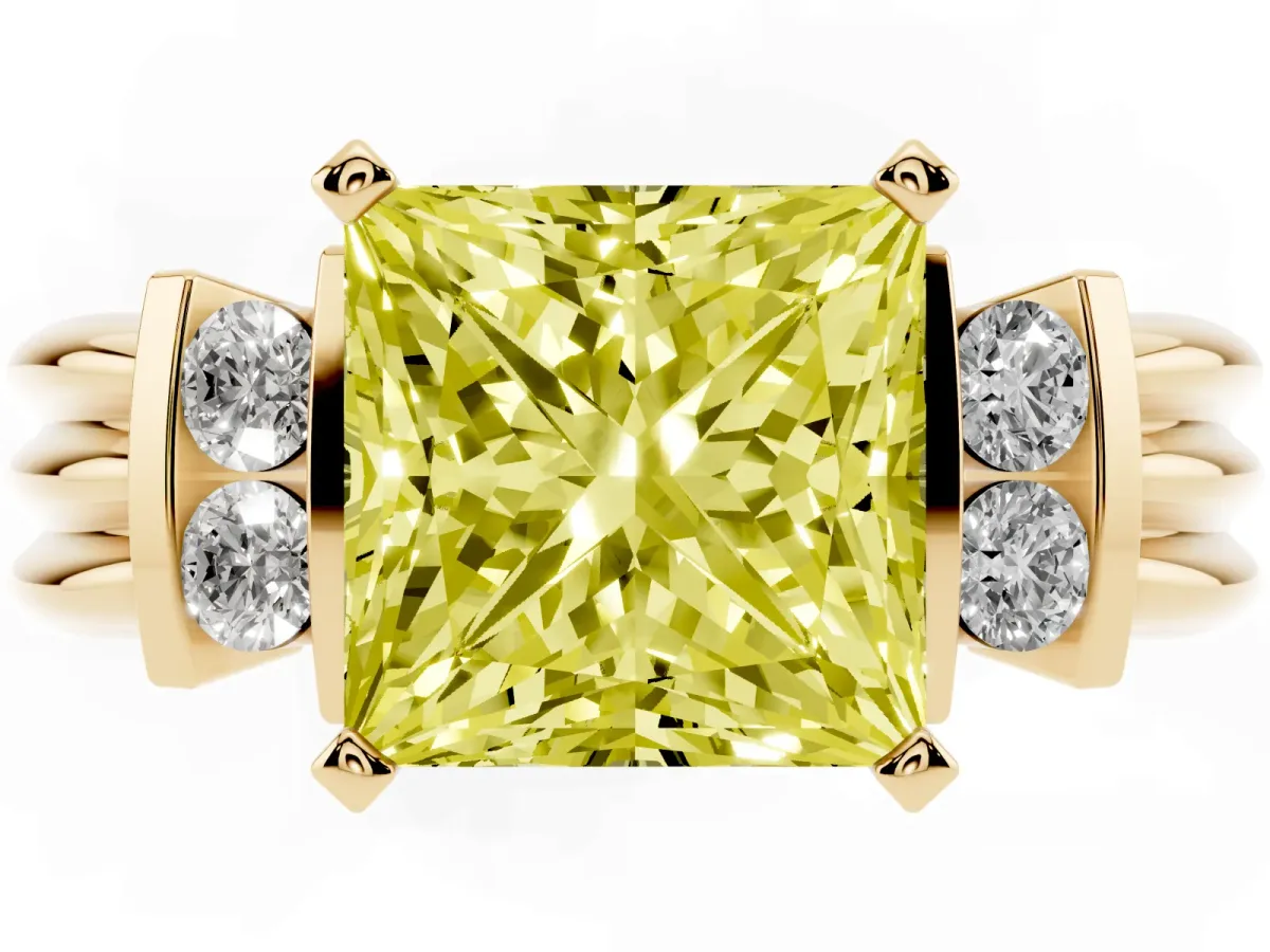 Fancy Yellow Princess Cut Cut Three-Stone Channel Set Ring with Bar Prongs Yellow gold