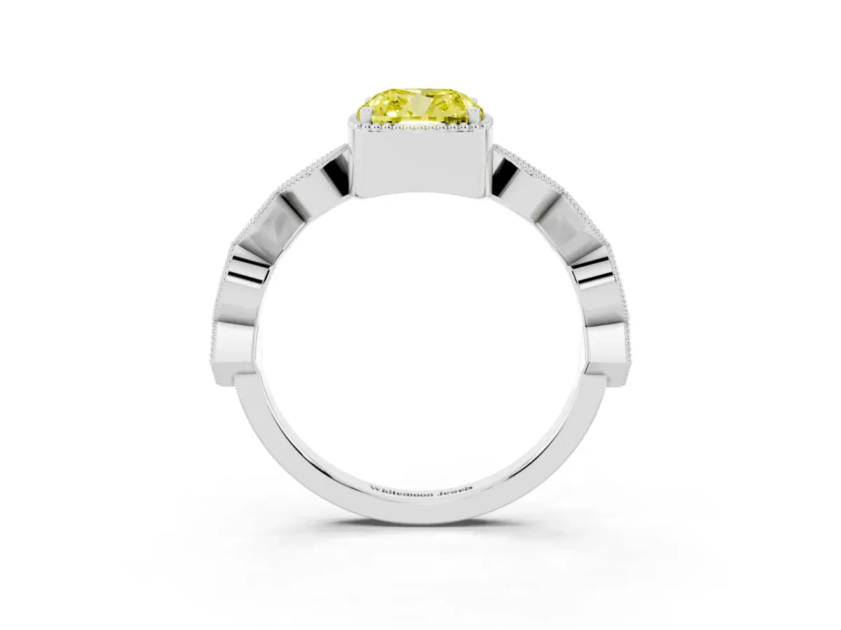 Fancy Yellow Cushion Cut Milgrain Marquise Diamond Twist Band Ring Silver