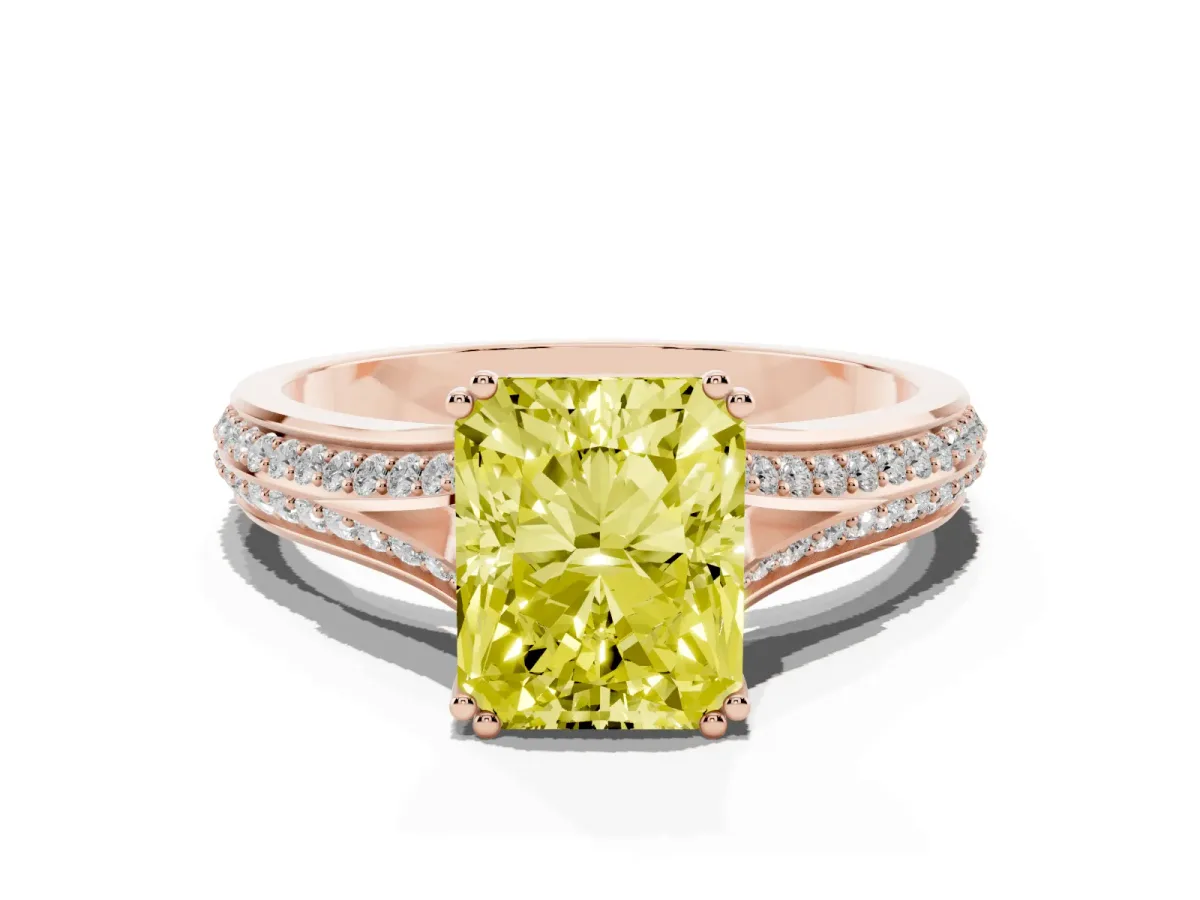 Fancy Yellow Radiant Cut Diamond Split Shank Engagement Ring with Pavé Band Rose gold
