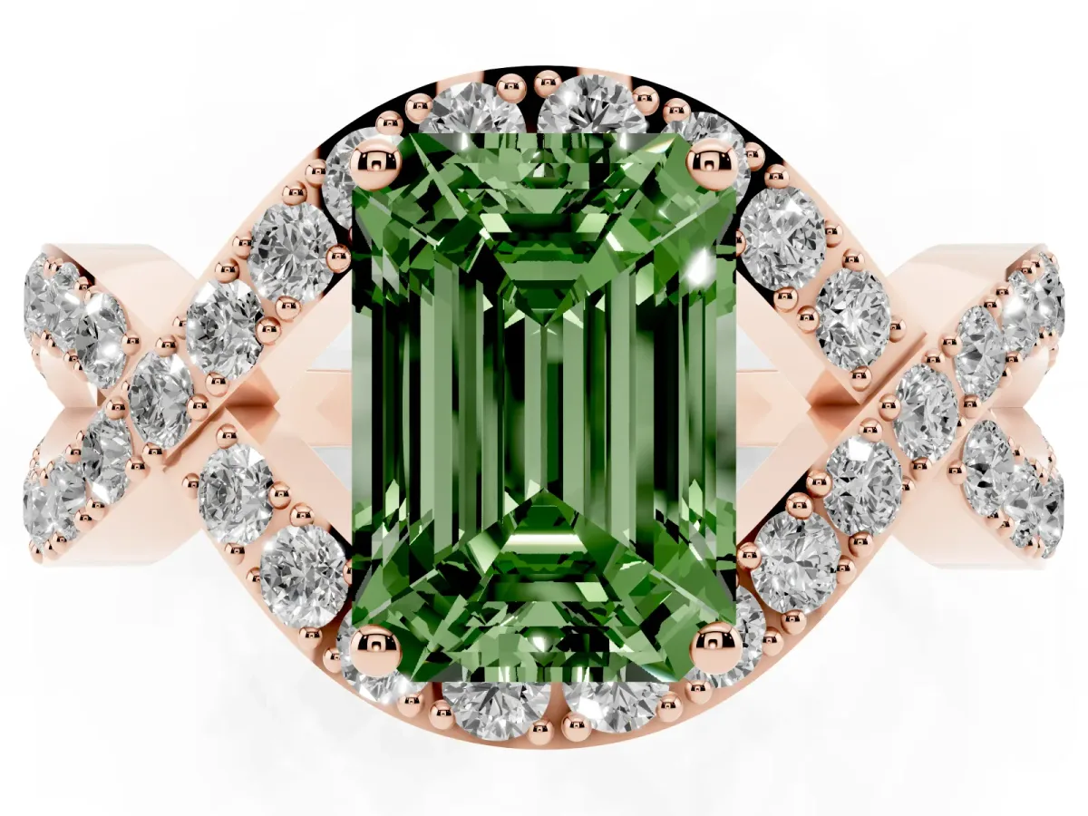 Fancy Green Emerald Cut Solitaire Twist Band Pavé Diamond Engagement Ring Rose gold
