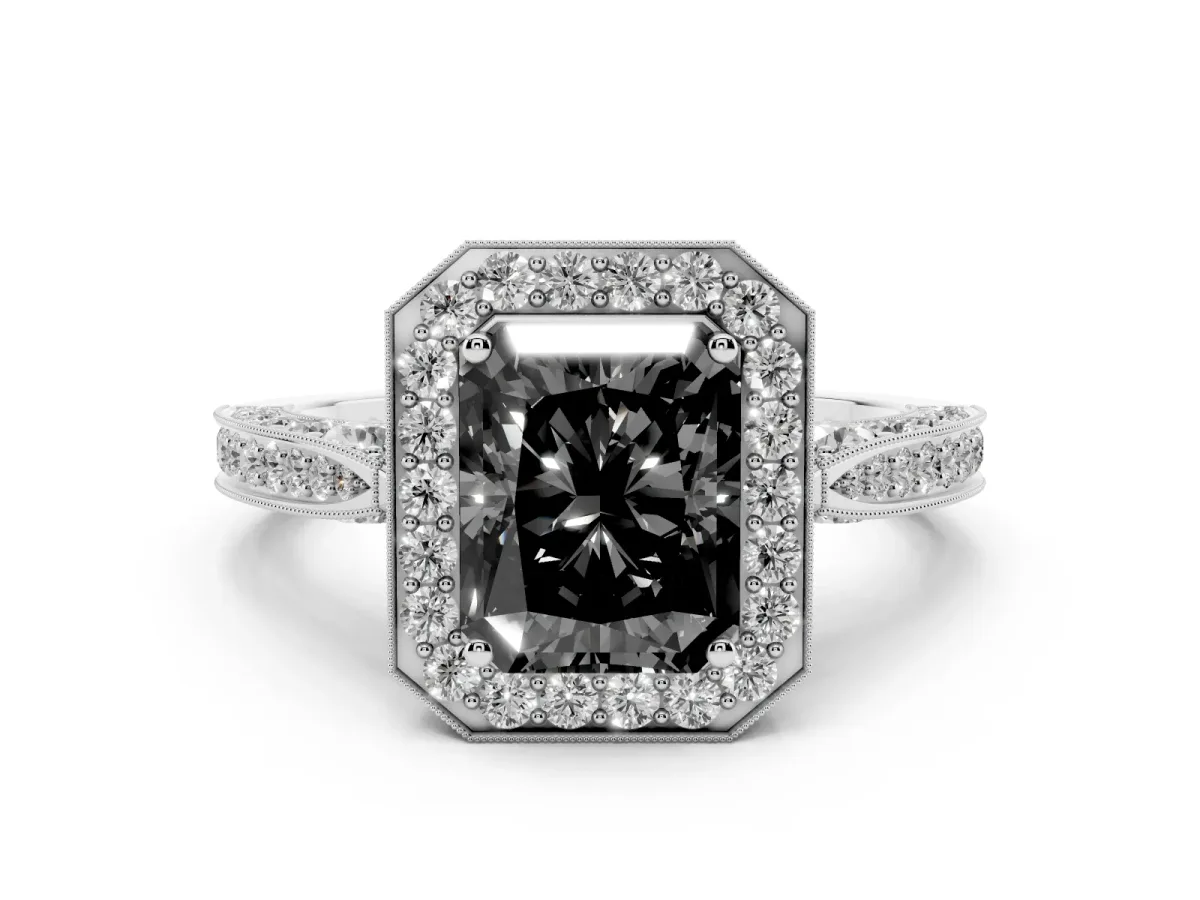 Fancy Black Radiant Cut Halo Diamond Engagement Ring with Split Shank Band and Four-Prong Setting Silver
