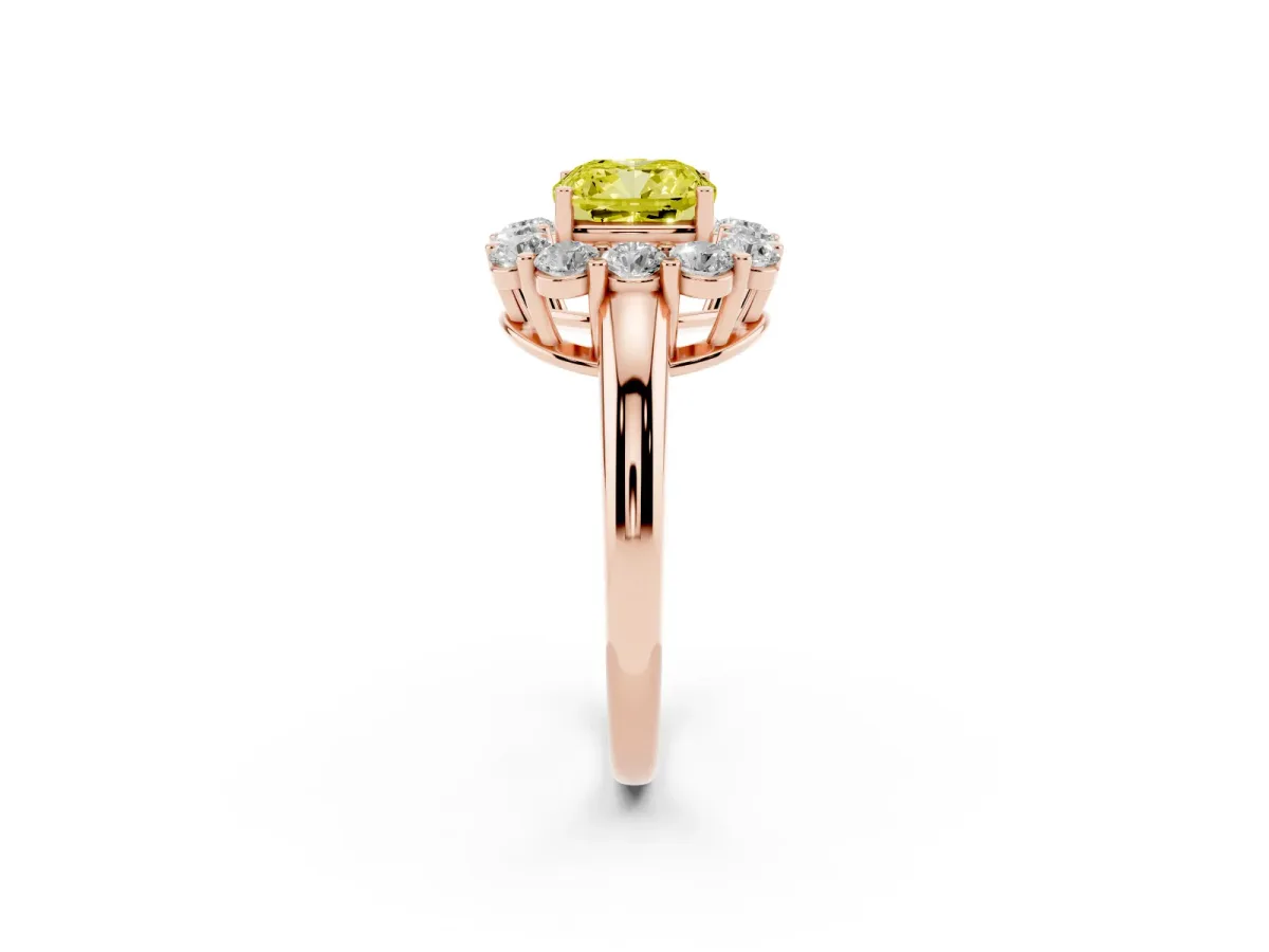 Fancy Yellow Cushion Cut Halo Cluster Diamond Engagement Ring with Prong Setting and Polished Band Rose gold
