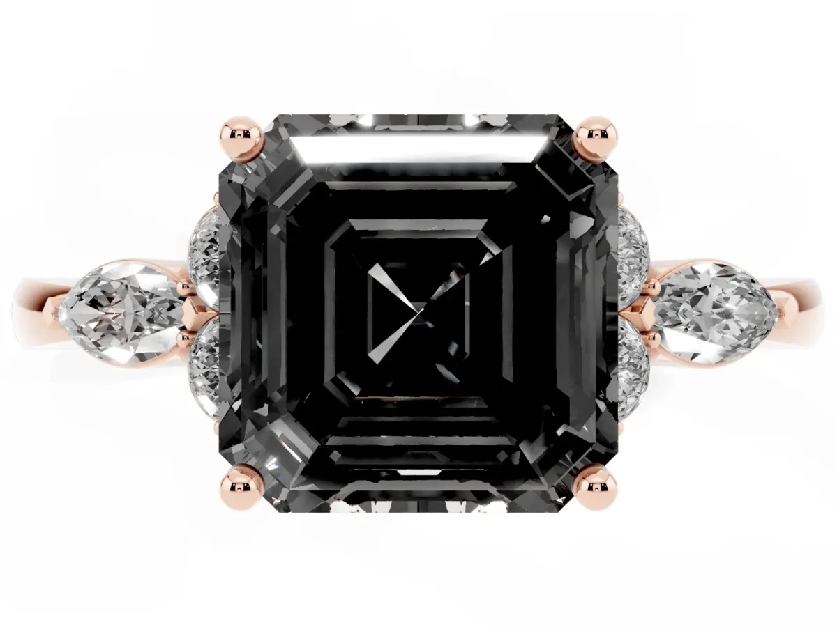 Fancy Black Asscher Cut Brilliant Diamond Solitaire Ring with Pear Side Stones and Four-Prong Setting Rose gold