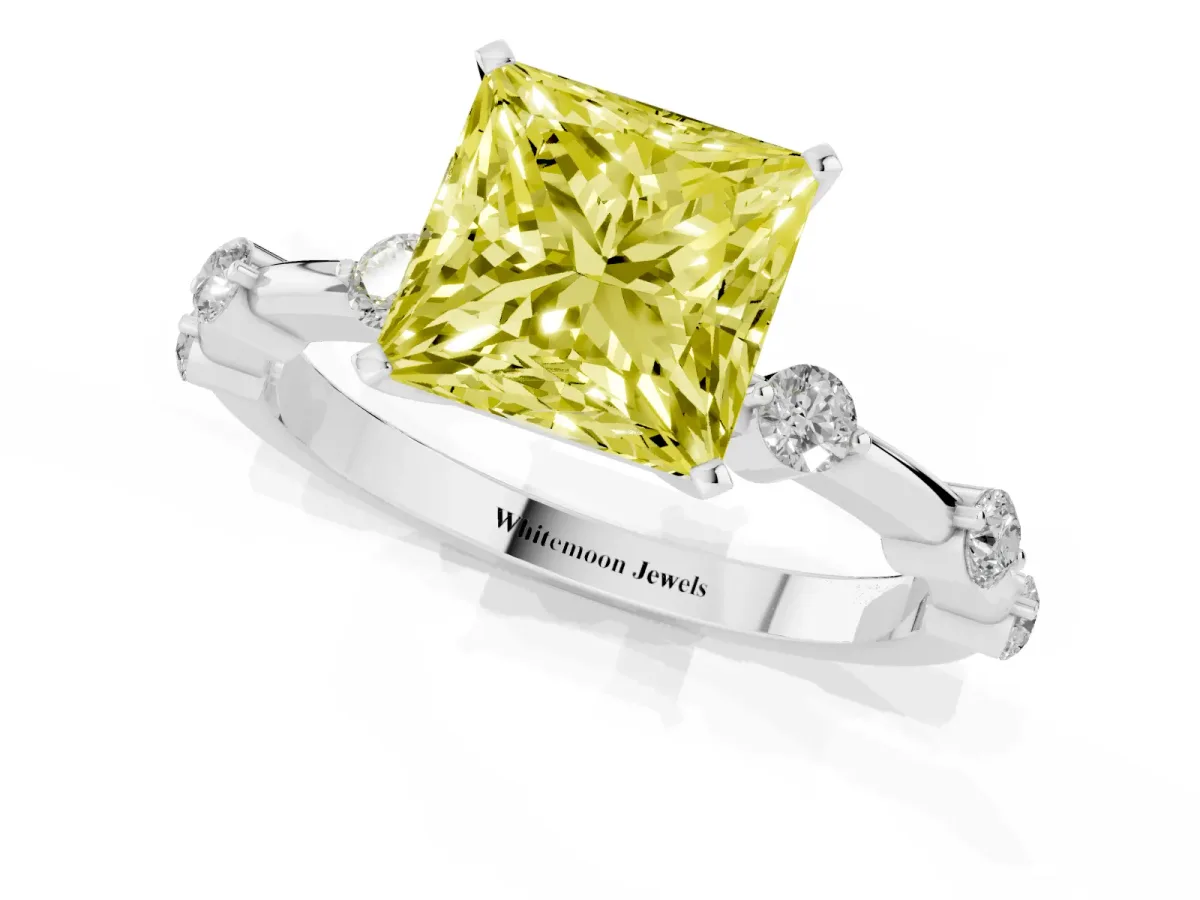 Fancy Yellow Princess Cut Solitaire Diamond Ring with Bezel Set Side Stones and Prong Setting Silver