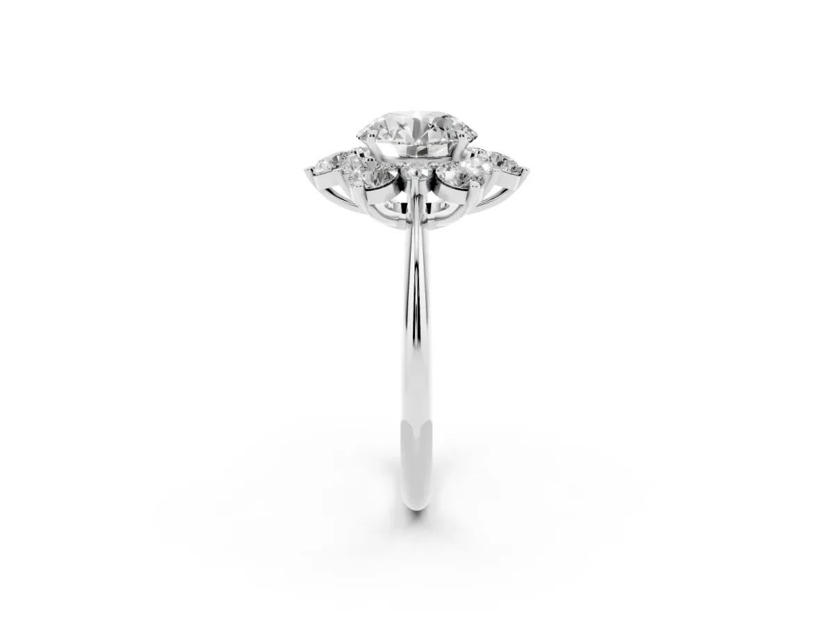 Round Cut Diamond Cluster Halo Ring with Solitaire Band and Four-Prong Setting Silver