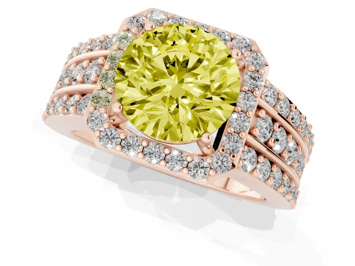 Fancy Yellow Round Cut Halo Diamond Ring with Round Split Shank and Prong Setting Rose gold