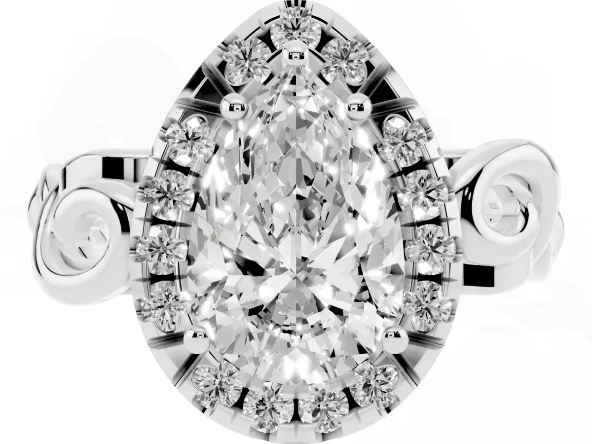 Pear Cut Cut Halo Diamond Ring with Scrollwork Band and Four-Prong Setting Silver