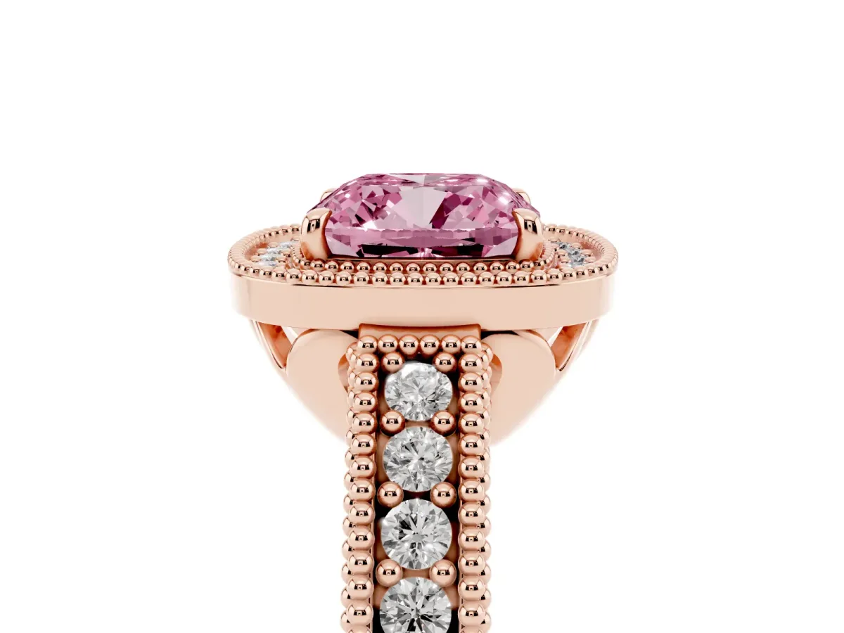 Fancy Pink Cushion Cut Cut Halo Diamond Ring with Pavé Band and Four-Prong Setting Rose gold