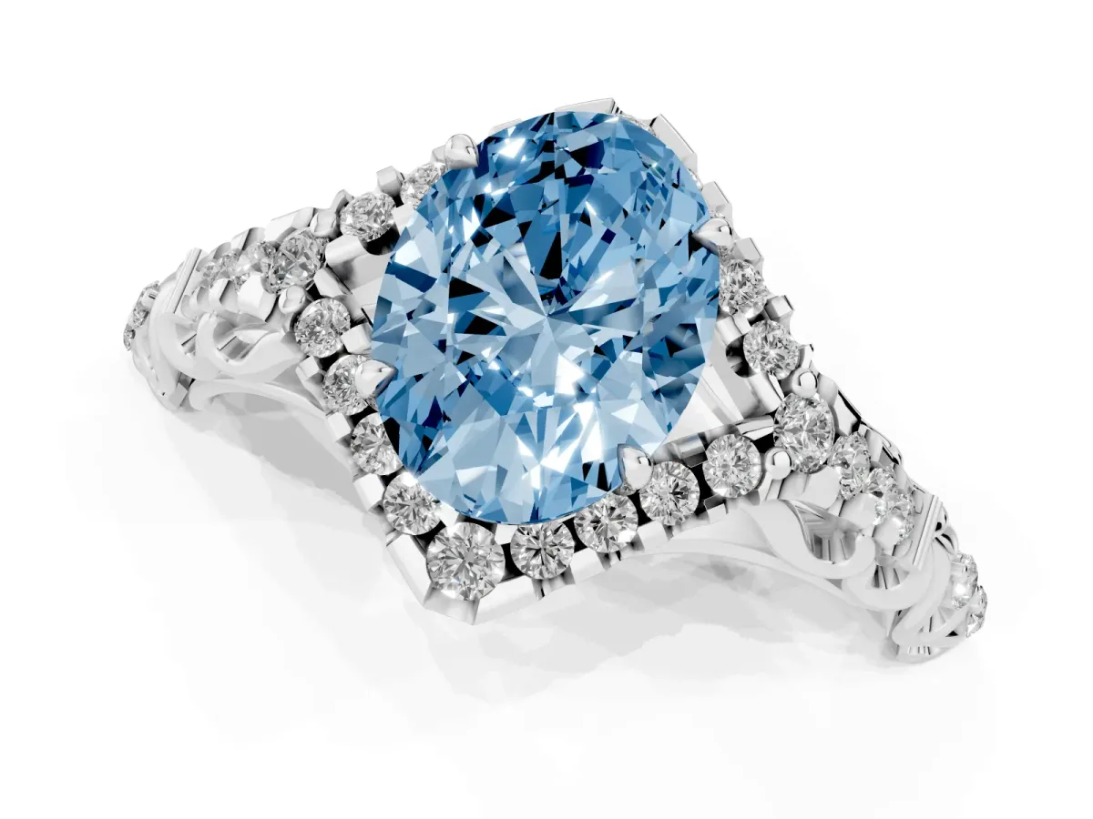 Fancy Blue Oval Cut Diamond Solitaire Ring with Hidden Halo and Pavé Band Platinum