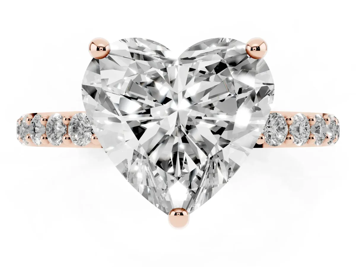 Heart Cut Diamond Solitaire Ring with Round Pavé Band and Prong Setting Rose gold
