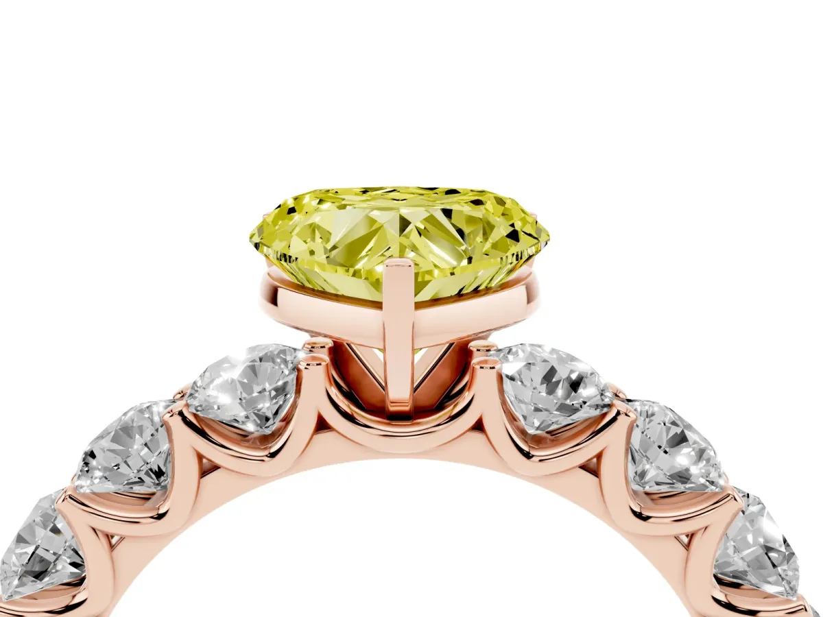 Fancy Yellow Heart Cut Diamond Prong Setting with Side Stones on a Pave Band Rose gold
