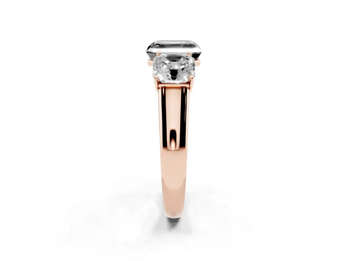 Fancy Black Asscher Cut Three-Stone Diamond Ring with Prong Setting on a Classic Band Rose gold
