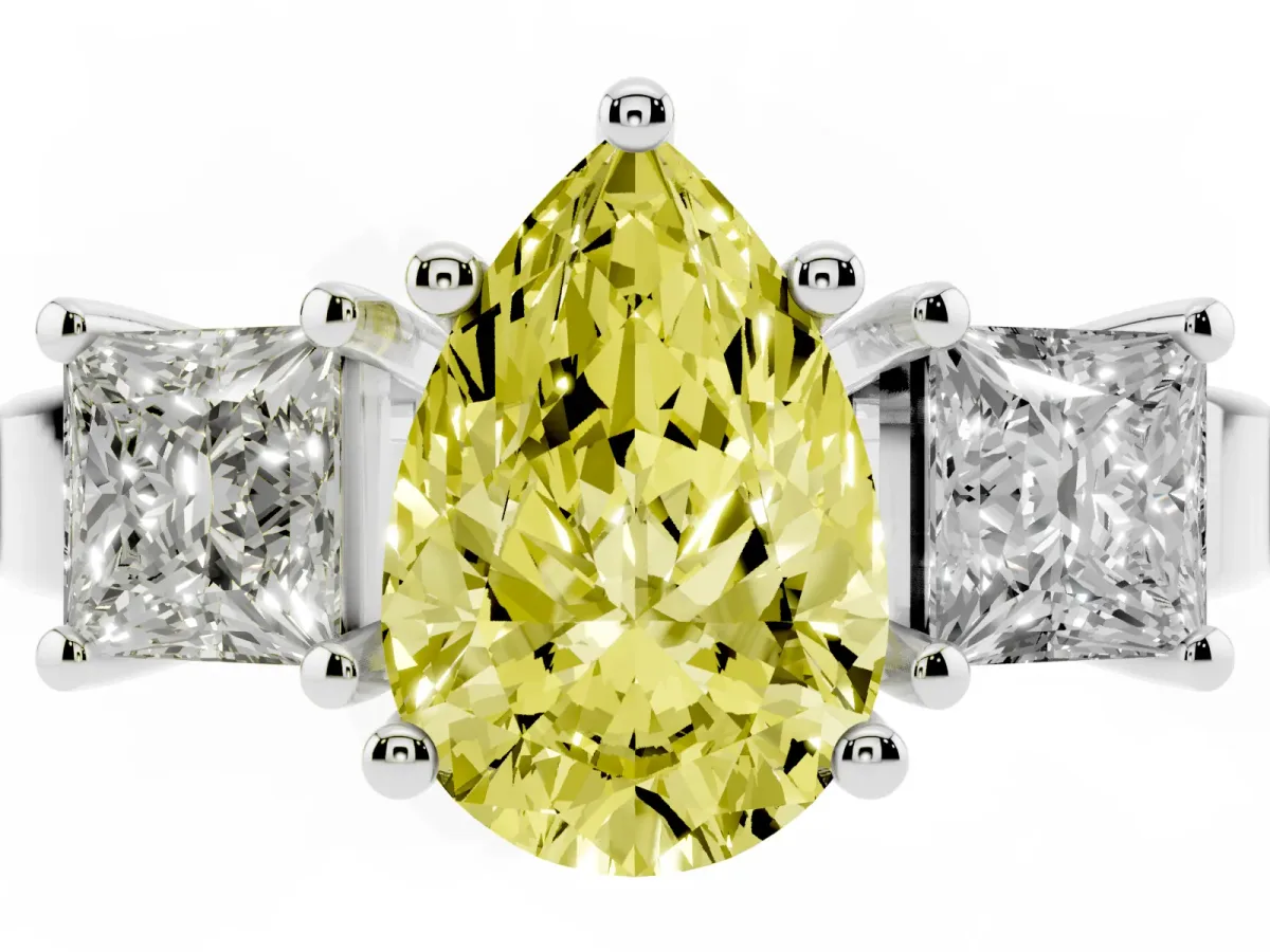 Fancy Yellow Three-Stone Pear Cut Cut Solitaire Ring with Prong Setting Platinum