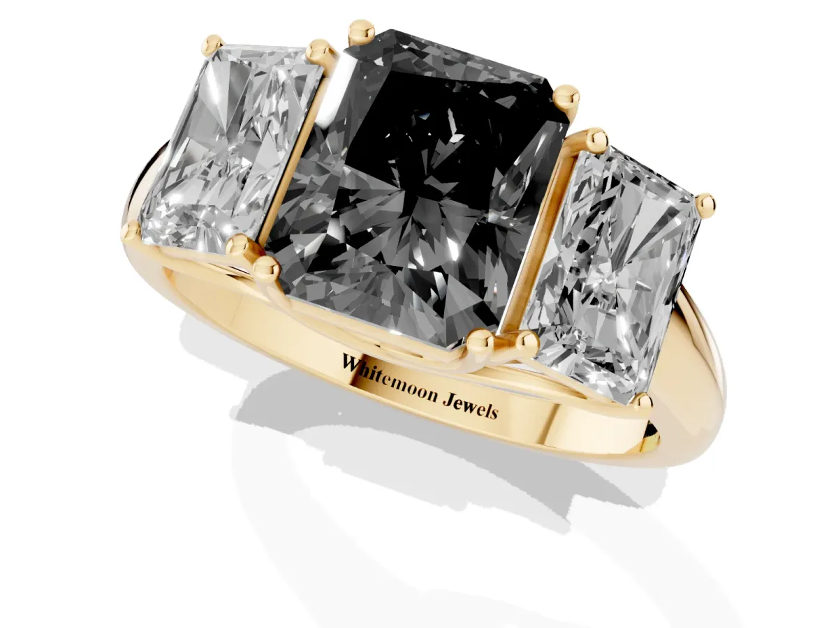 Fancy Black Three-Stone Radiant Cut Diamond Engagement Ring with Prong Setting Yellow gold