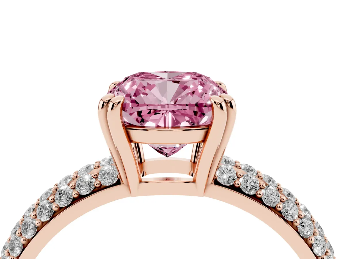 Fancy Pink Cushion Cut Diamond Solitaire Ring with Multi-Row Round Pavé Band and Prong Setting Rose gold