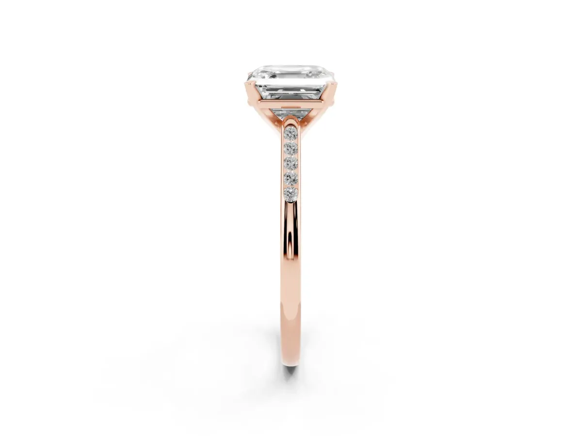 Asscher Cut Diamond Solitaire Ring with Channel Set Round Band and Prong Setting Rose gold