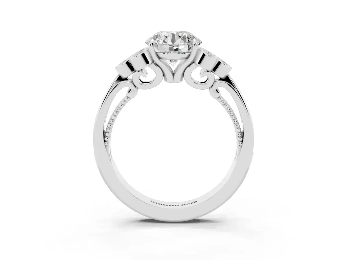 Round Cut Cut Diamond Engagement Ring with Bezel Set Round Side Stones and Prong Setting White gold