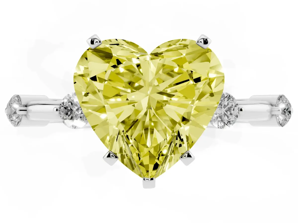 Fancy Yellow Heart Cut Solitaire Diamond Ring with Bezel Set Side Stones and Prong Setting Platinum