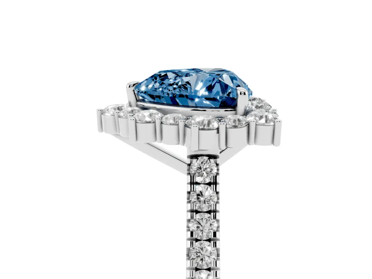 Fancy Blue Heart Cut Halo Diamond Ring with Pavé Band and Prong Setting Silver