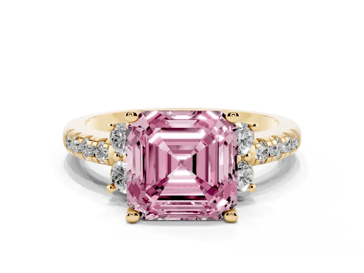 Fancy Pink Asscher Cut Diamond Three-Stone Pave Band with Four-Prong Setting Yellow gold