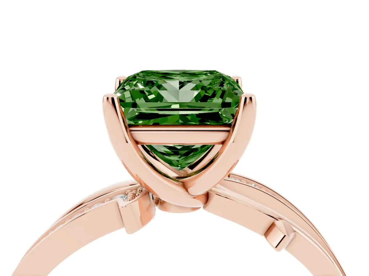 Fancy Green Princess Cut Solitaire Twist Band with Pavé Accents and Four-Prong Setting Rose gold