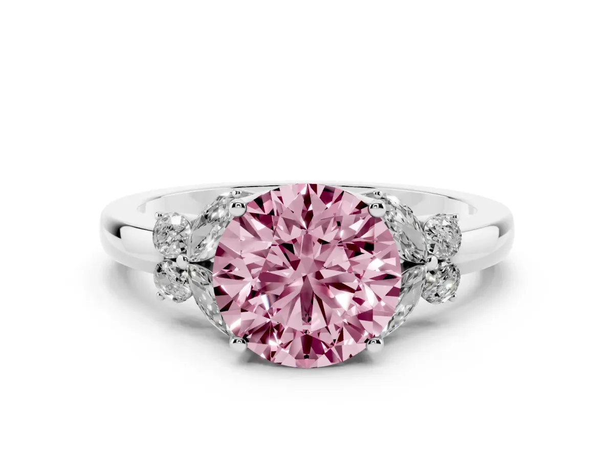 Fancy Pink Round Cut Cut Solitaire Floral Diamond Ring with Four-Prong Setting Platinum