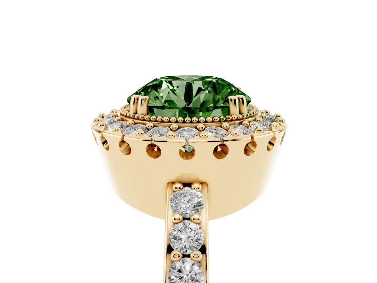 Fancy Green Round Cut Diamond Halo Ring with Pavé Band and Prong Setting Yellow gold