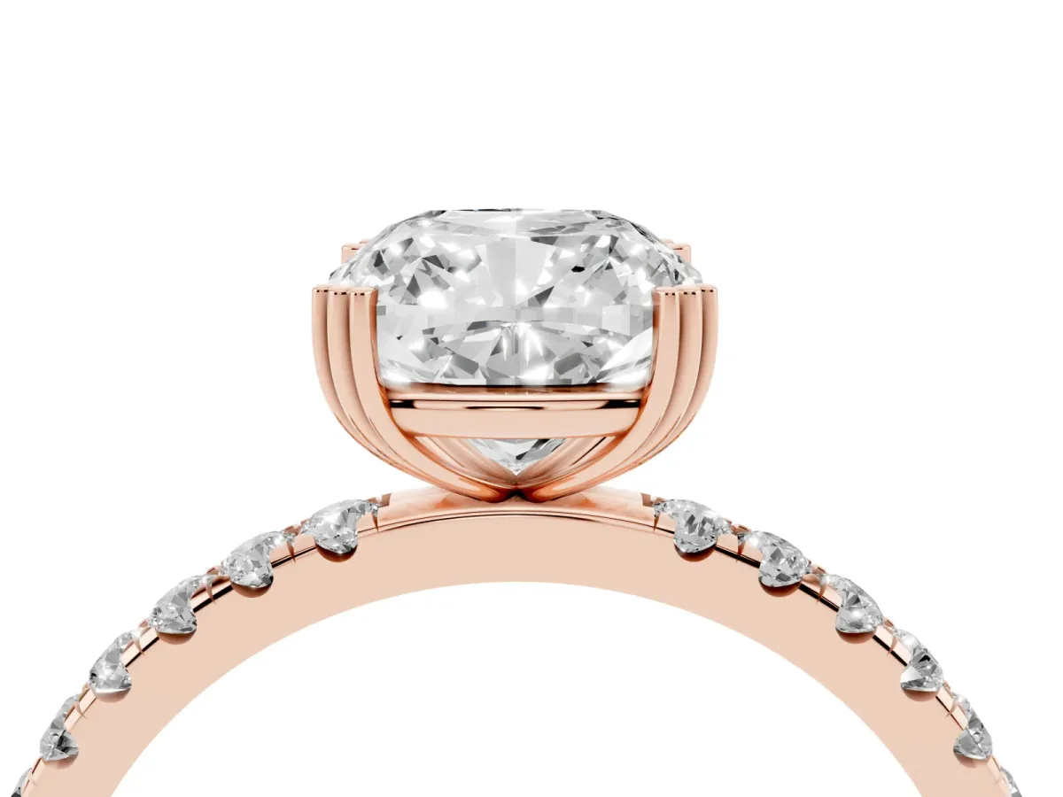 Cushion Cut Brilliant Solitaire with Pavé Band and Claw Prong Setting Rose gold