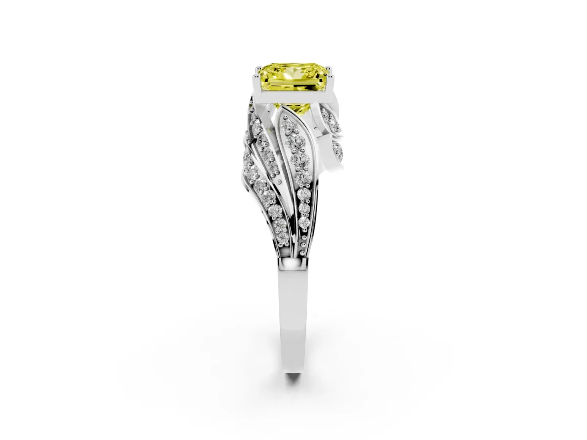 Fancy Yellow Princess Cut Diamond Solitaire Ring with Prong Setting and Twisted Pavé Band White gold