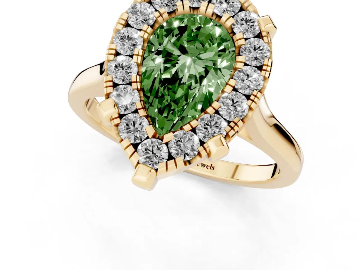 Fancy Green Pear Cut Diamond Cluster Halo Solitaire with Four-Prong Setting Yellow gold
