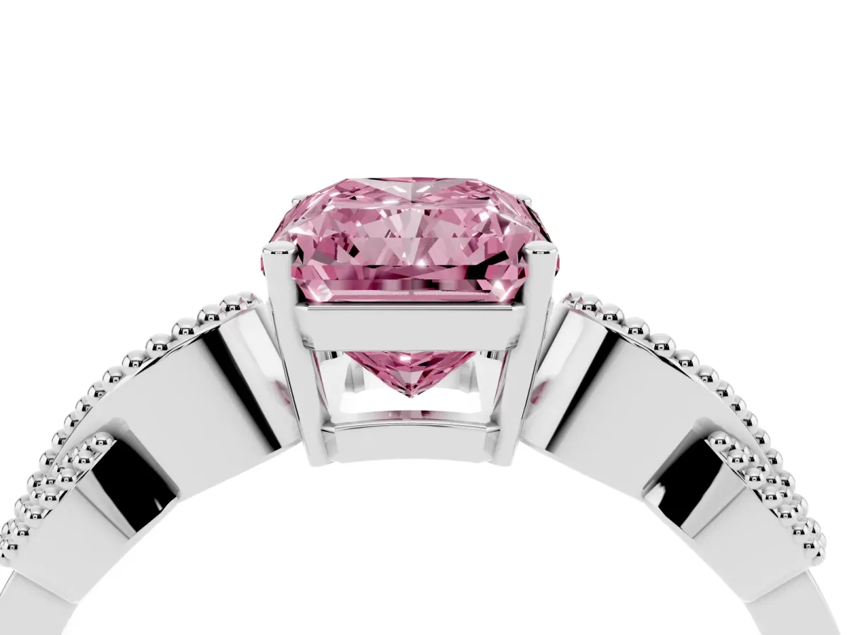 Fancy Pink Princess Cut Solitaire Milgrain Leaf Band with Prong Setting Silver