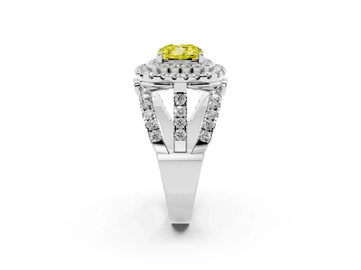 Fancy Yellow Cushion Cut Diamond Double Halo Ring with Round Pavé Split Shank and Prong Setting Silver