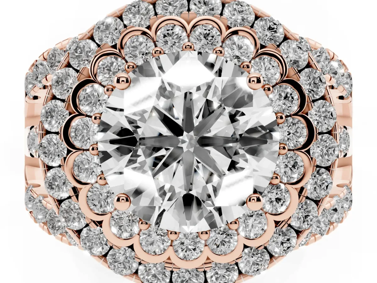Round Cut Diamond Double Halo Ring with Round Pavé Split Shank and Prong Setting Rose gold
