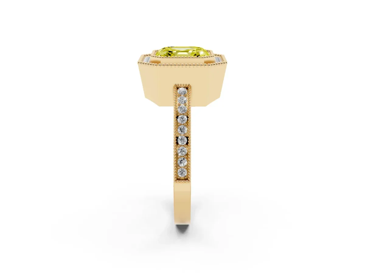 Fancy Yellow Asscher Cut Cut Halo Diamond Ring with Pavé Band and Milgrain Prong Setting Yellow gold