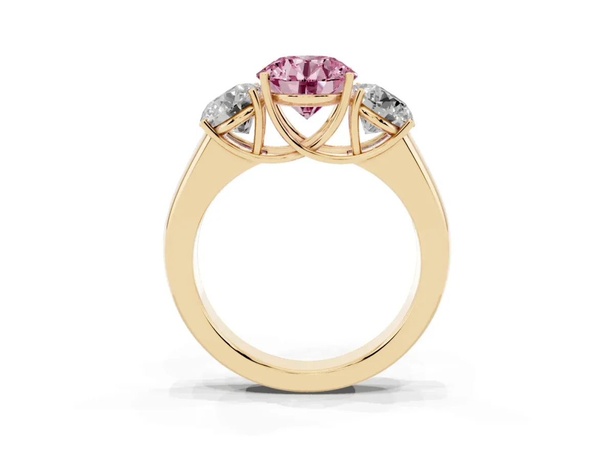 Fancy Pink Three-Stone Round Cut Cut Diamond Ring with Prong Setting and Classic Band Yellow gold