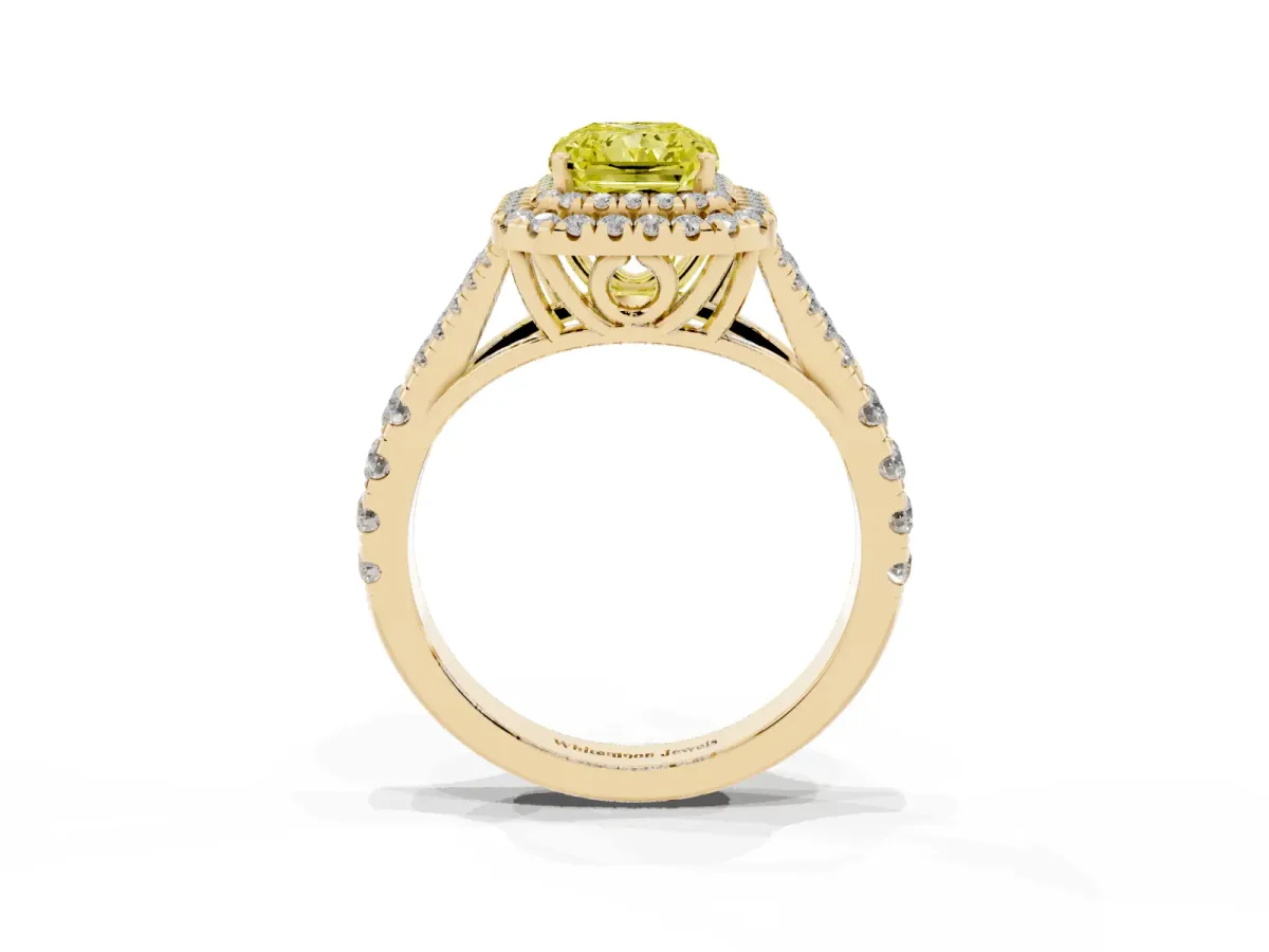 Fancy Yellow Radiant Cut Diamond Double Halo Ring with Split Shank and Prong Setting Yellow gold