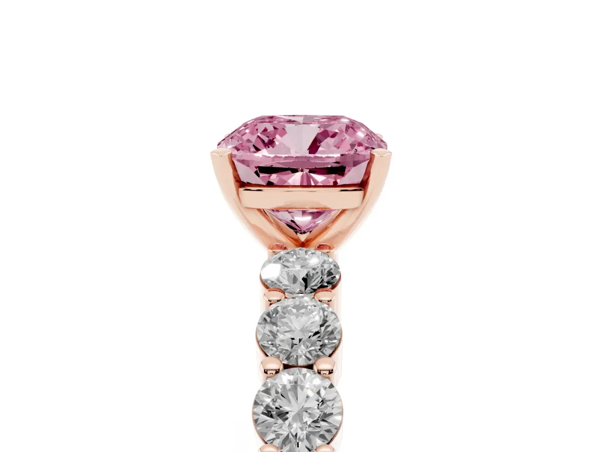 Fancy Pink Cushion Cut Diamond Solitaire Ring with Shared Prong Round Side Stones Rose gold