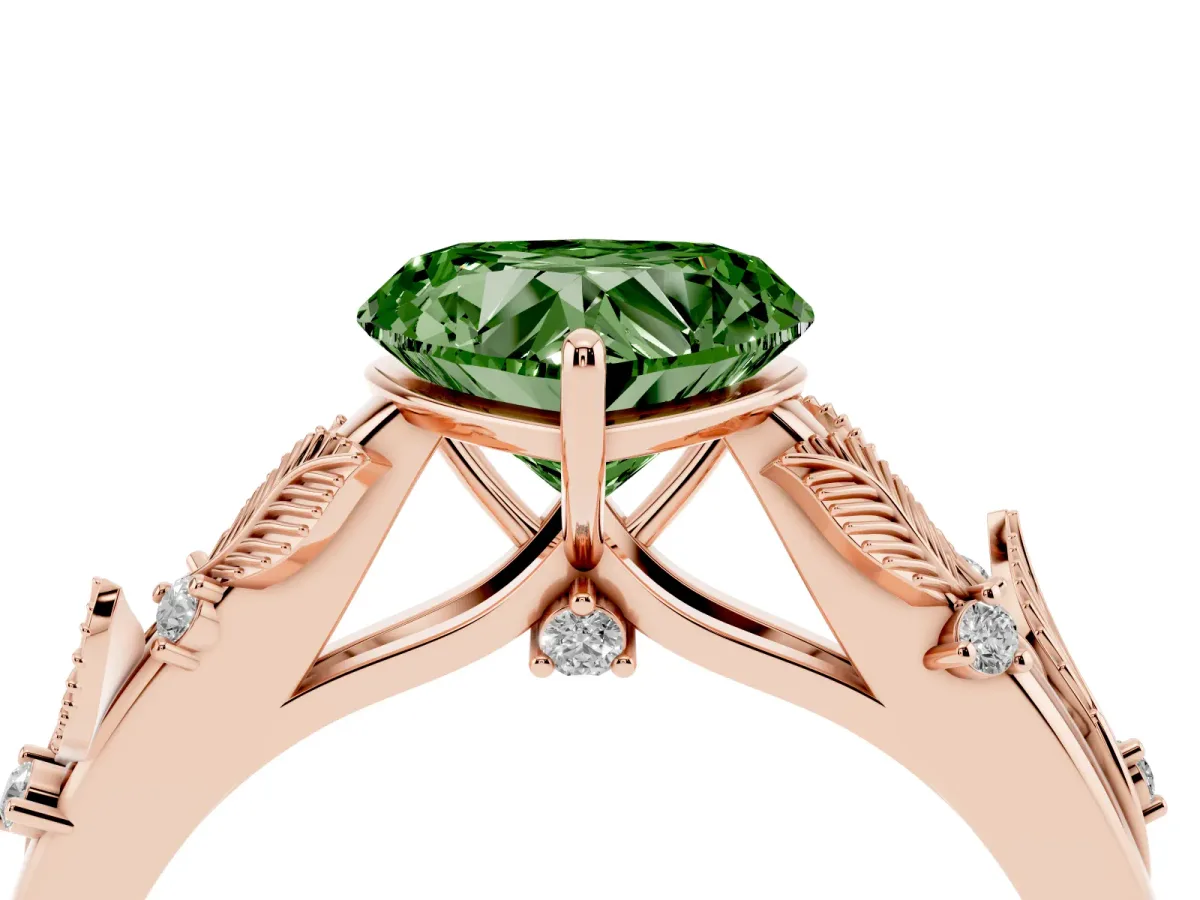Fancy Green Heart Cut Diamond Solitaire Ring with Leaf Motif Band and Four-Prong Setting Rose gold