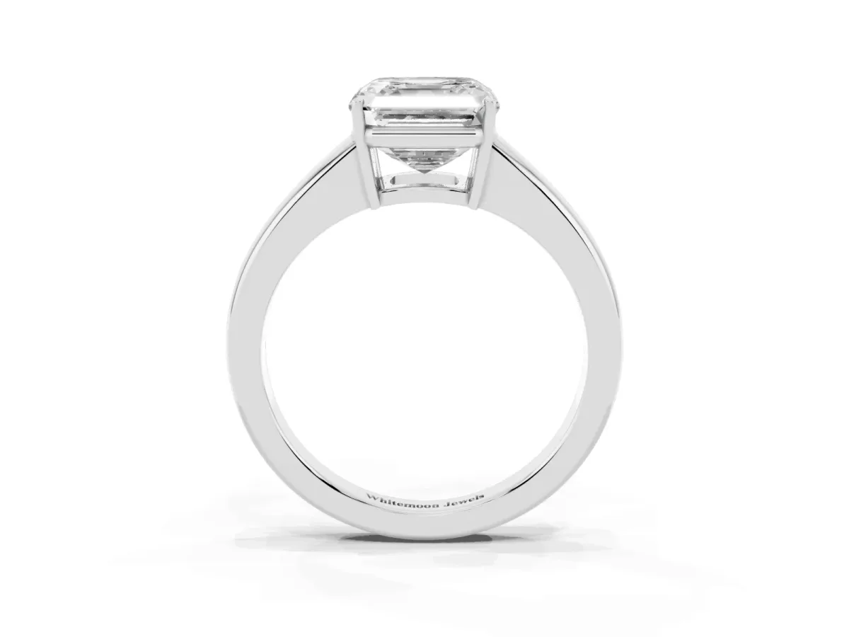 Asscher Cut Solitaire Diamond Ring with Tapered Band and Four-Prong Setting Silver