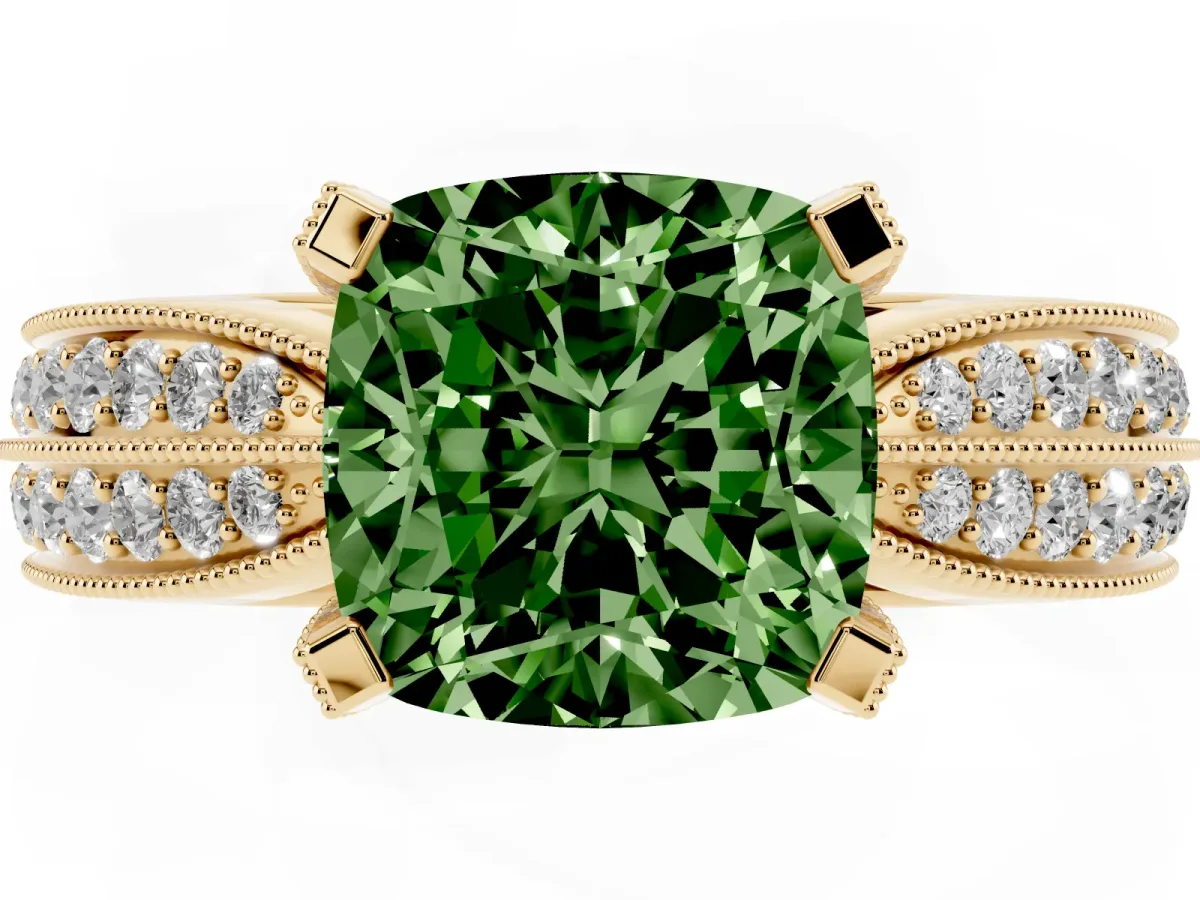 Fancy Green Cushion Cut Diamond Solitaire Ring with Milgrain Round Pavé Band and Prong Setting Yellow gold