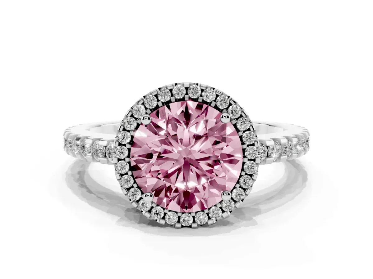 Fancy Pink Round Cut Diamond Halo Engagement Ring with Pavé Band and Prong Setting Platinum