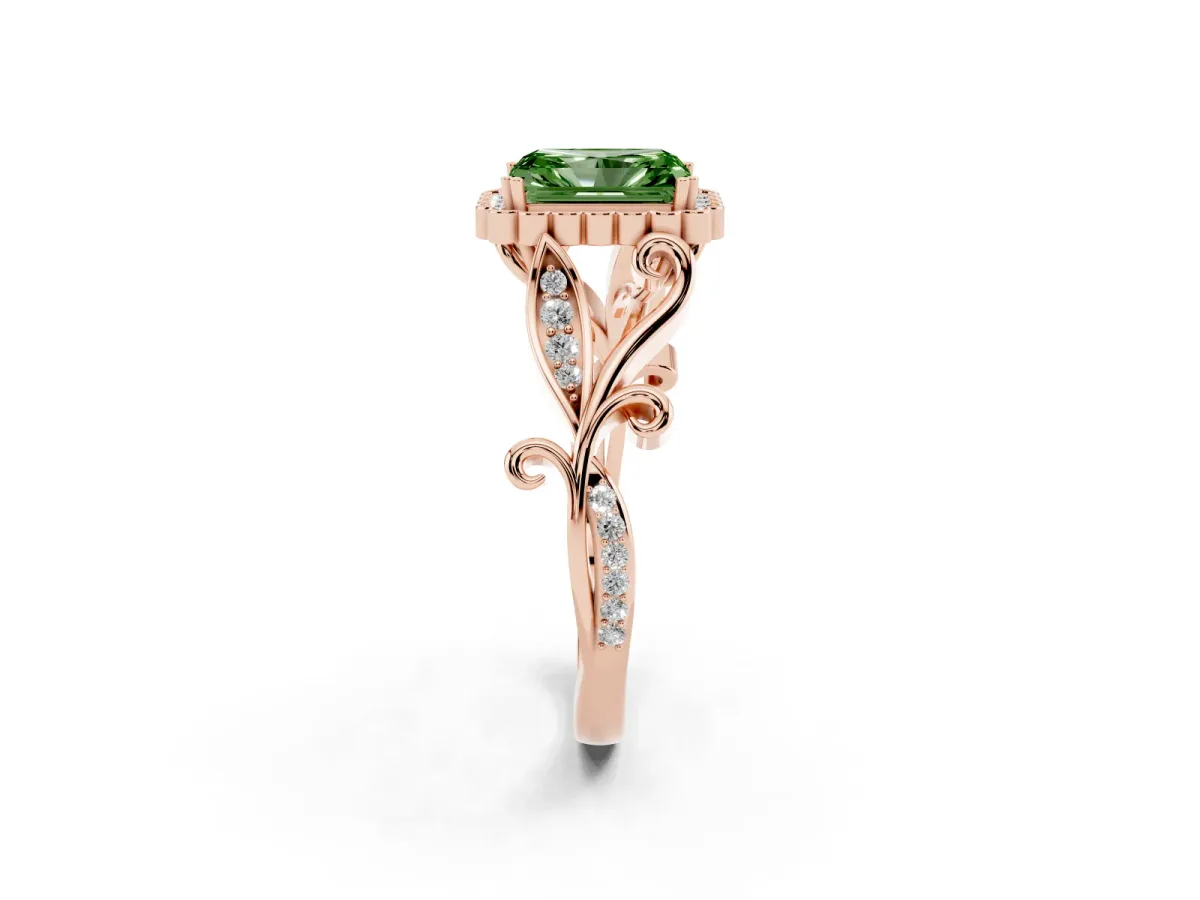 Fancy Green Radiant Cut Diamond Halo Ring with Vintage Split Shank and Four-Prong Setting Rose gold