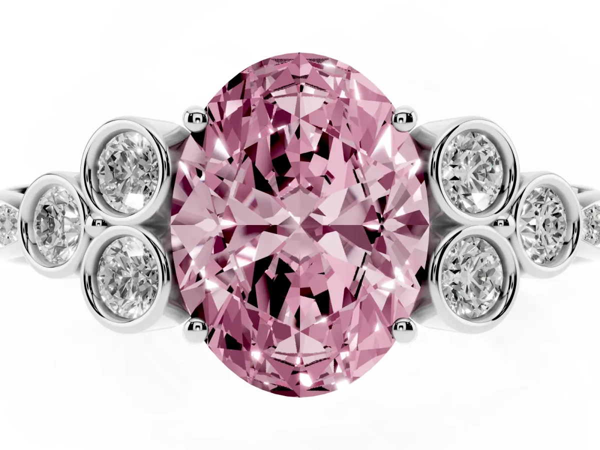 Fancy Pink Oval Cut Cut Diamond Engagement Ring with Bezel Set Round Side Stones and Prong Setting White gold