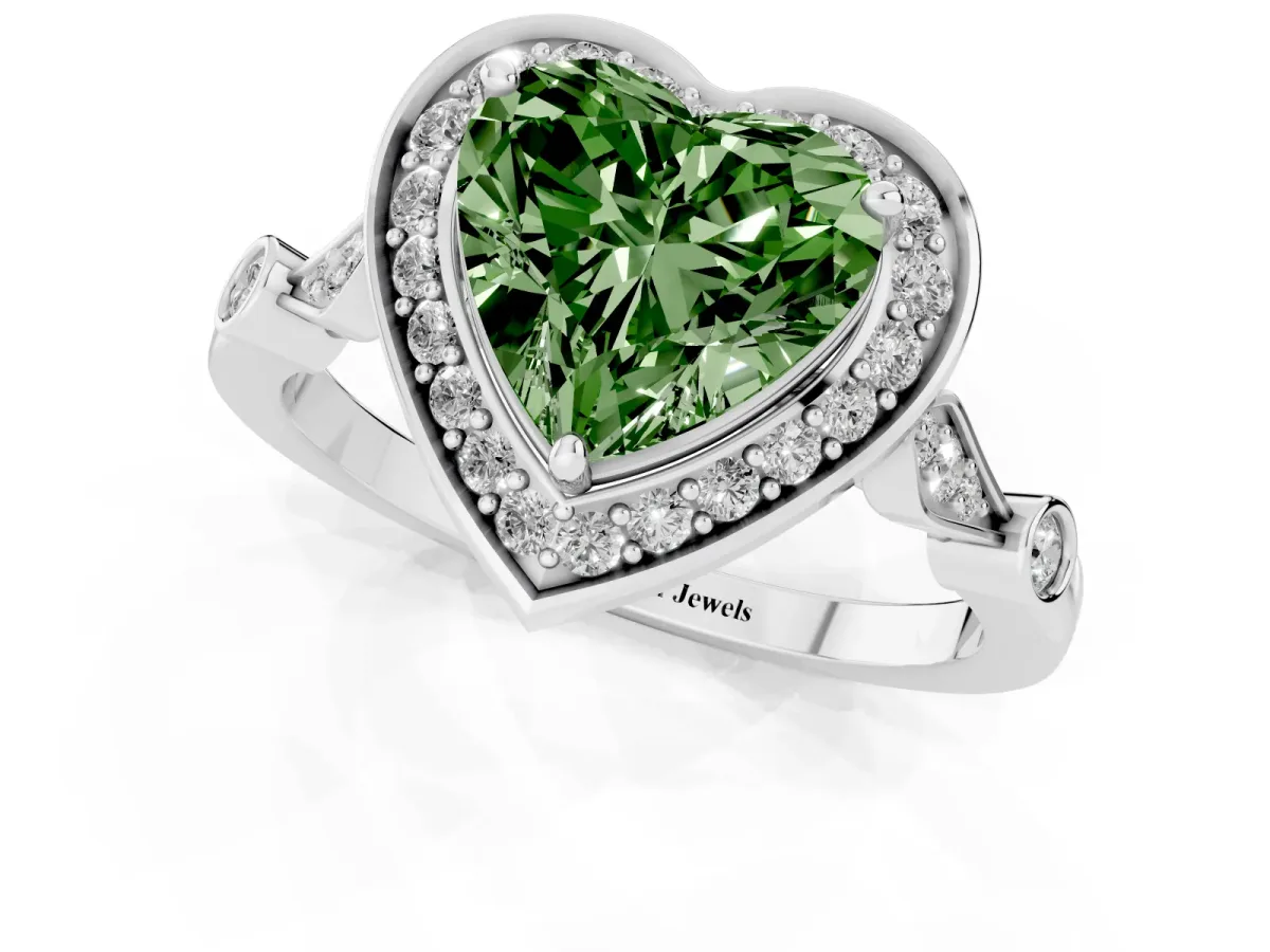Fancy Green Heart Cut Halo Diamond Engagement Ring with Twisted Band and Four-Prong Setting Platinum