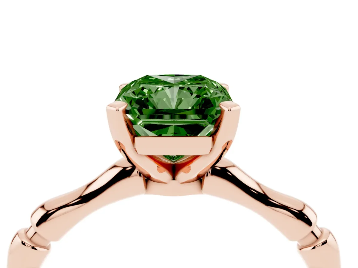 Fancy Green Radiant Cut Solitaire Diamond Ring with Bamboo Band and Four-Prong Setting Rose gold
