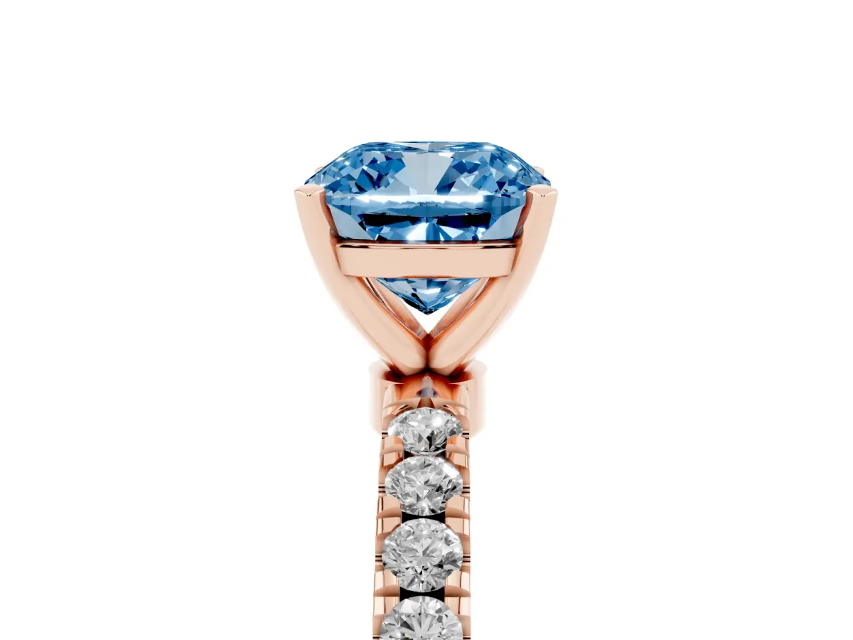 Fancy Blue Cushion Cut Diamond Solitaire Ring with Pavé Accents and Four-Prong Setting Rose gold