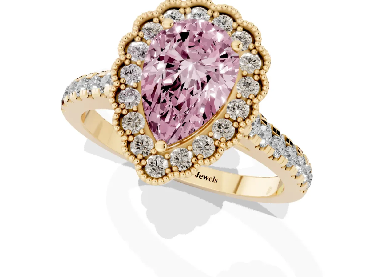 Fancy Pink Pear Cut Cut Diamond Milgrain Floral Halo Engagement Ring with Pavé Band Yellow gold