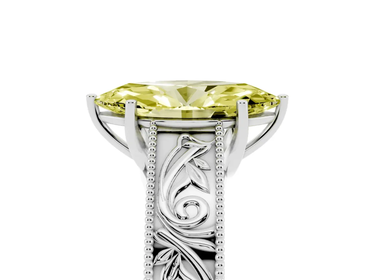 Fancy Yellow Marquise Cut Diamond Solitaire Ring with Engraved Band and Four-Prong Setting Silver
